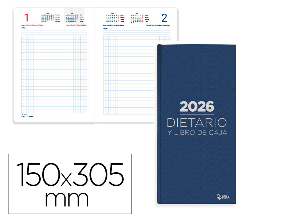 DIETARIO LIDERPAPEL 2026 DOS TERCIOS 150X305 MM DIA PAGINA COLOR AZUL PAPEL 70 GR FSC