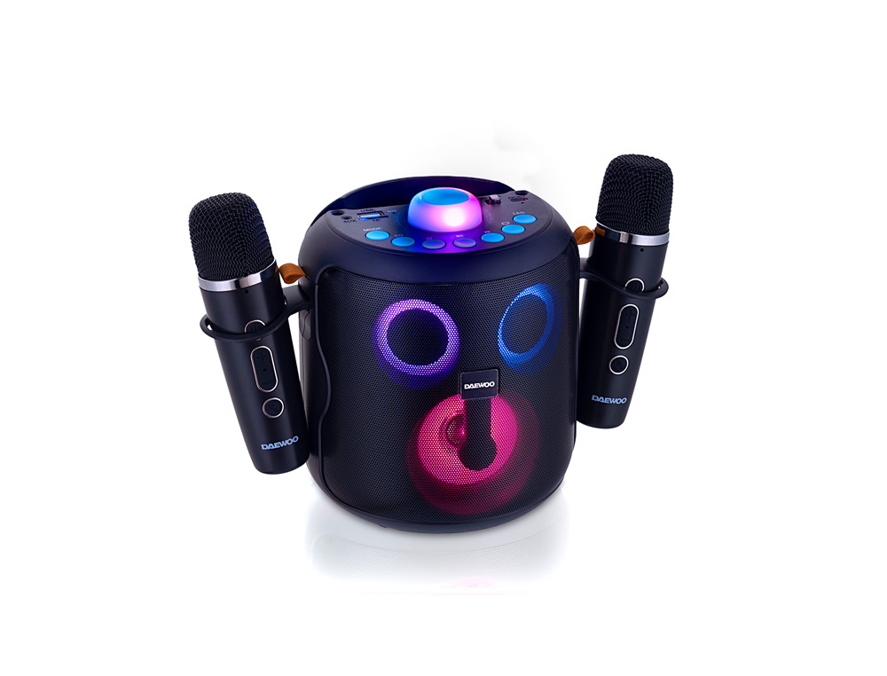 ALTAVOZ DAEWO KARAOKE 15W BLUETOOTH LUCES LED RADIO FM 2 MICROFONOS INALAMBRICOS COLOR NEGRO