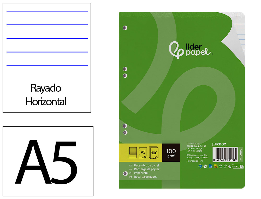 RECAMBIO LIDERPAPEL A5 100 H 100G/M2 HORIZONTAL DOBLE MARGEN 6 TALADROS