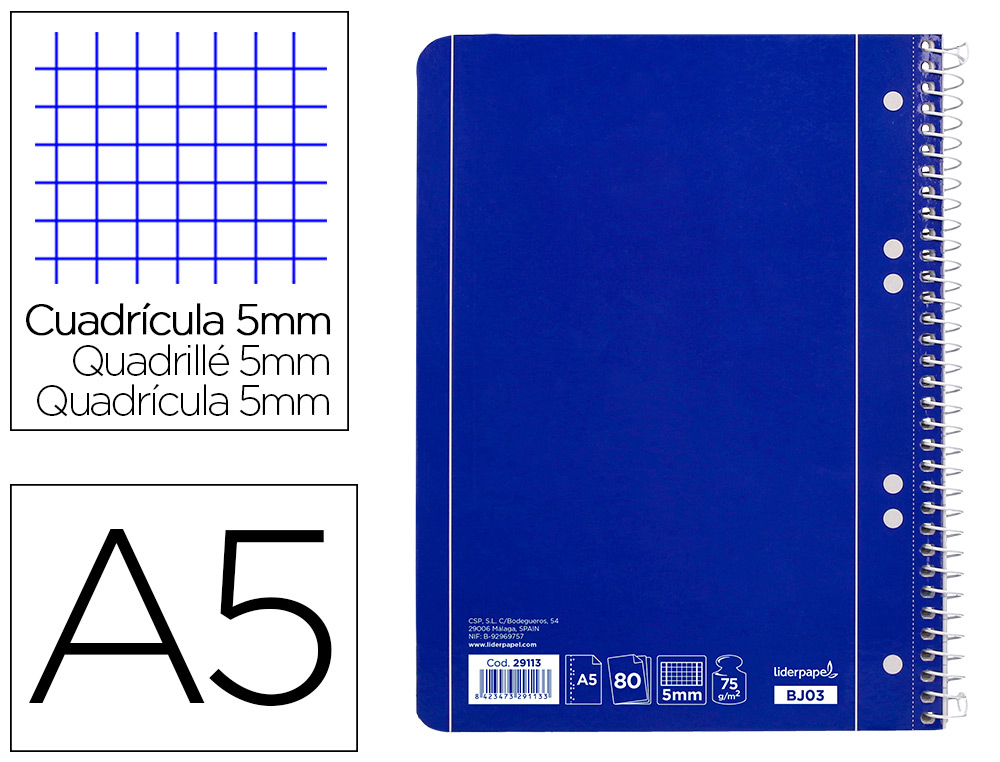 CUADERNO ESPIRAL LIDERPAPEL A5 MICRO SERIE AZUL TAPA BLANDA 80H 75 GR CUADRO5MM 6 TALADROS AZUL