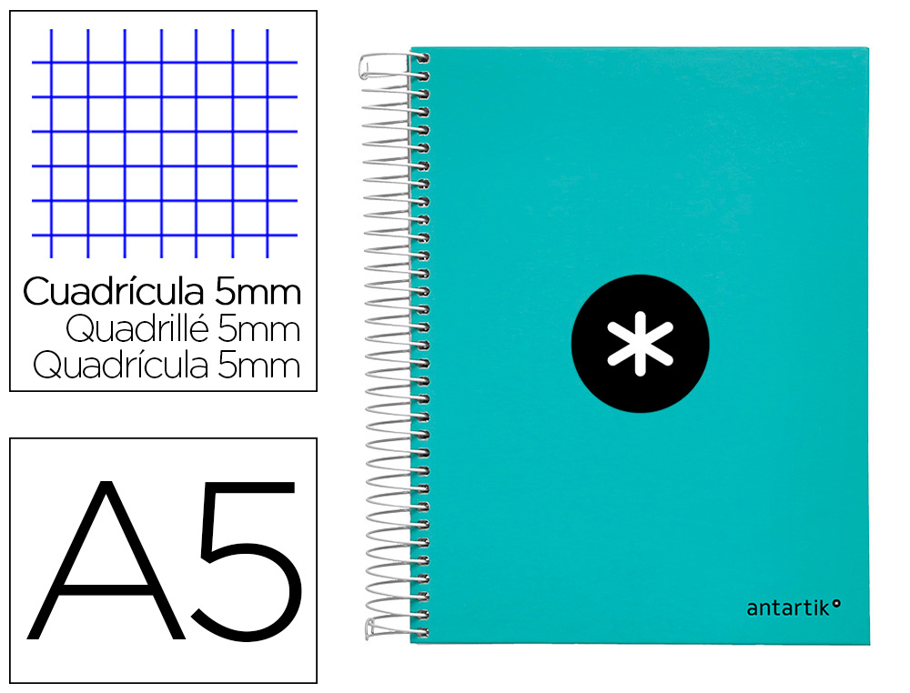 CUADERNO ESPIRAL A5 MICRO ANTARTIK TAPA FORRADA120H 90 GR CUADRO 5 MM 5 BANDA6 TALADROS COLOR MENTA