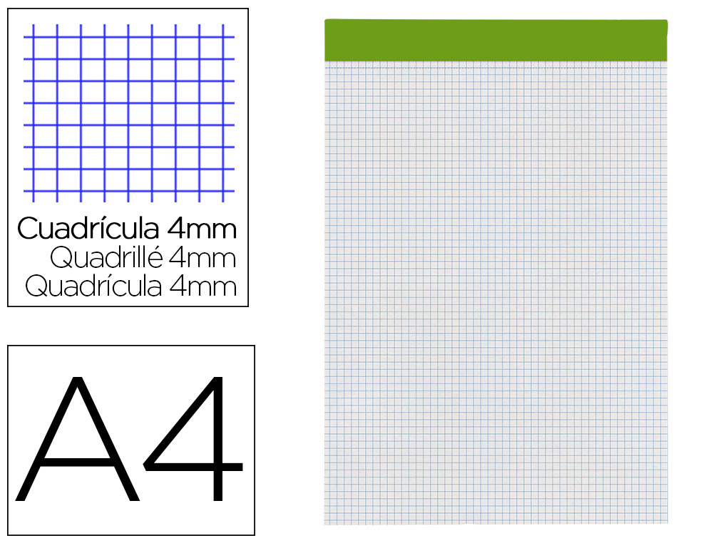 BLOC NOTAS LIDERPAPEL CUADRO 4 MM A4 80 HOJAS 60 G/M2 PERFORADO SIN TAPA