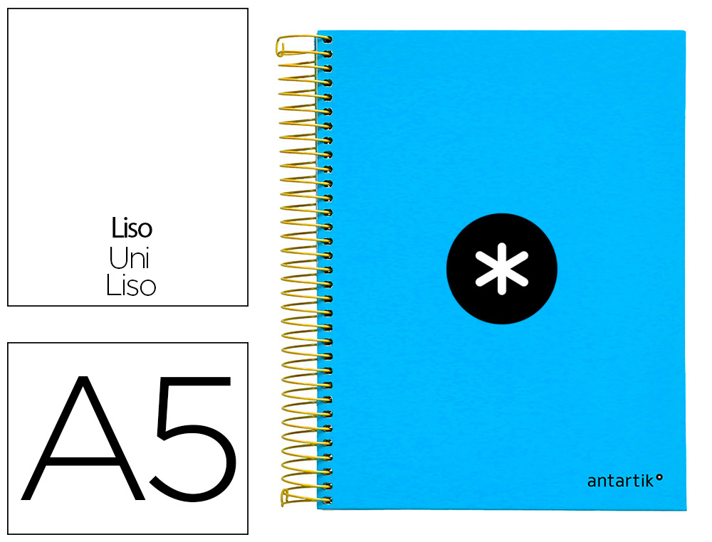 CUADERNO ESPIRAL A5 MICRO ANTARTIK TAPA FORRADA 120H 90G LISO CON BANDAS 6 TALADROS COLOR AZUL